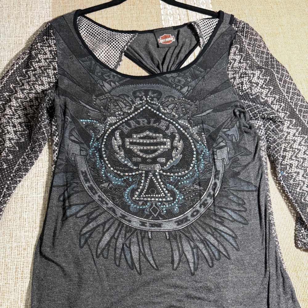 Harley-Davidson Heather Gray, Rhinestones 3/4 sleeves Top size M/L